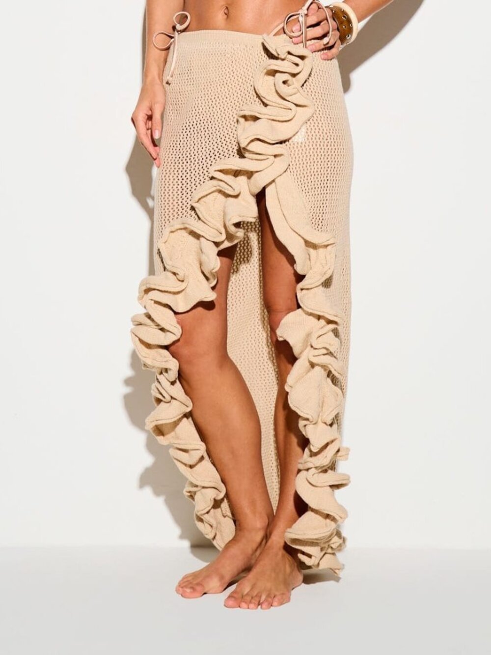 Apricot Mesh Women's Front Split Tie Waist Beach Cover-Up Maxi Skirt - Picture 2 of 6